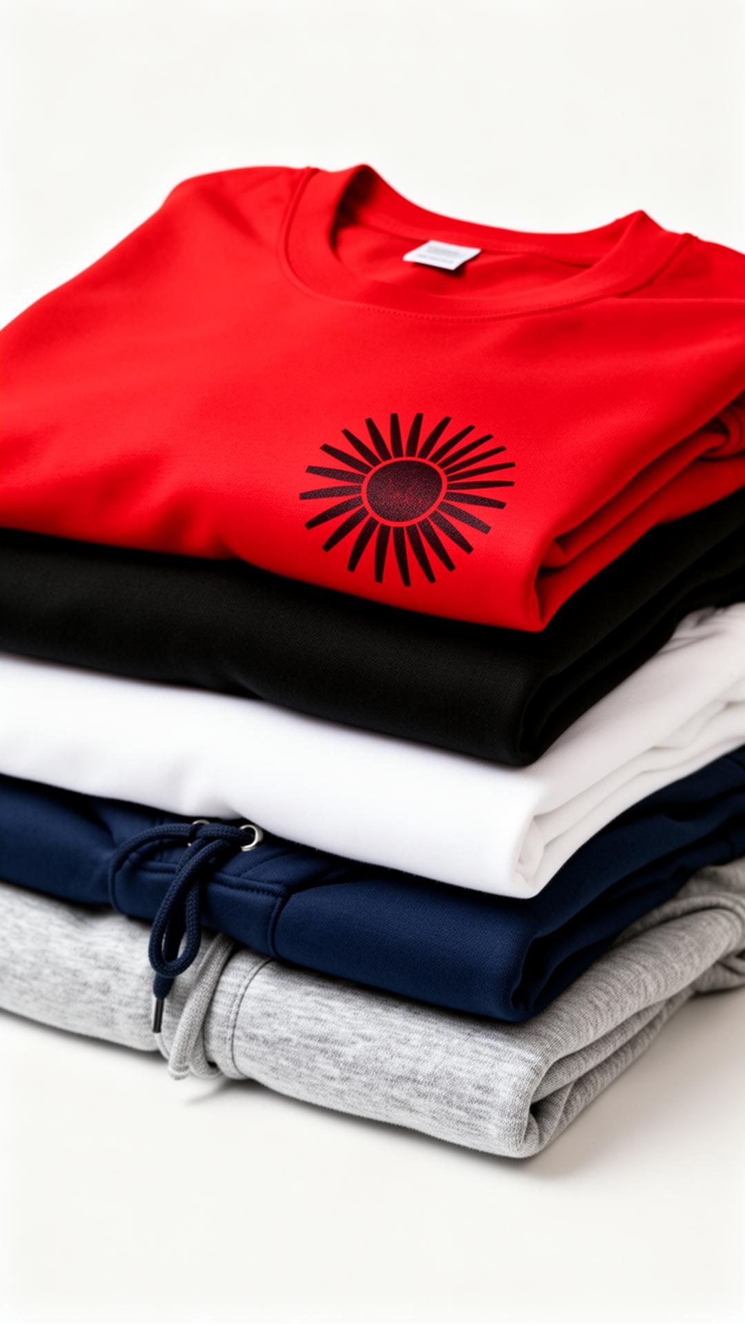 Stack of folded custom-printed t-shirts in red, black, white, and navy